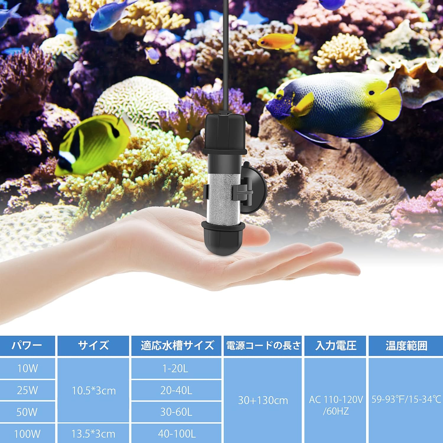 Table of hygger heater specifications for different wattages