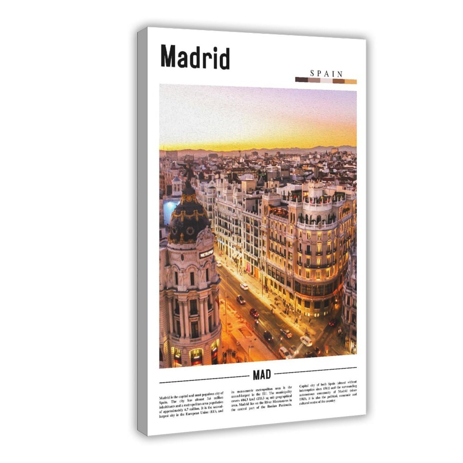 Neohi Madrid Spain Europe Famous City Scenery Travel Landscape Canvas Modern Poster Wall Art Prints Paintings Living Room Bedroom Decor 12X18inch(30X45cm)