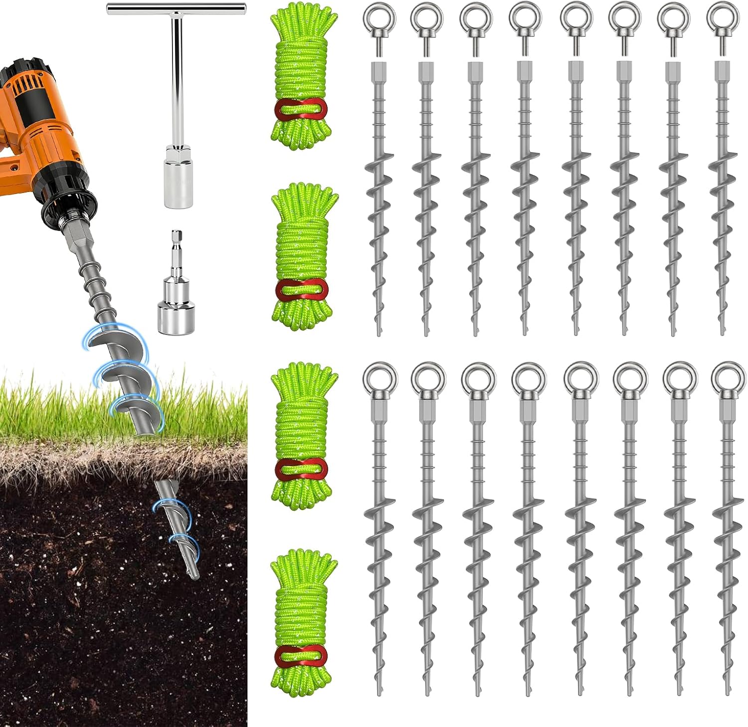 16 Pack Ground Anchors Screw in Tent Stakes, 12" Detachable Non-Rust Cast Aluminum Tent Pegs for Camping Tents, Sand, Trampoline, Swing Sets and Sheds