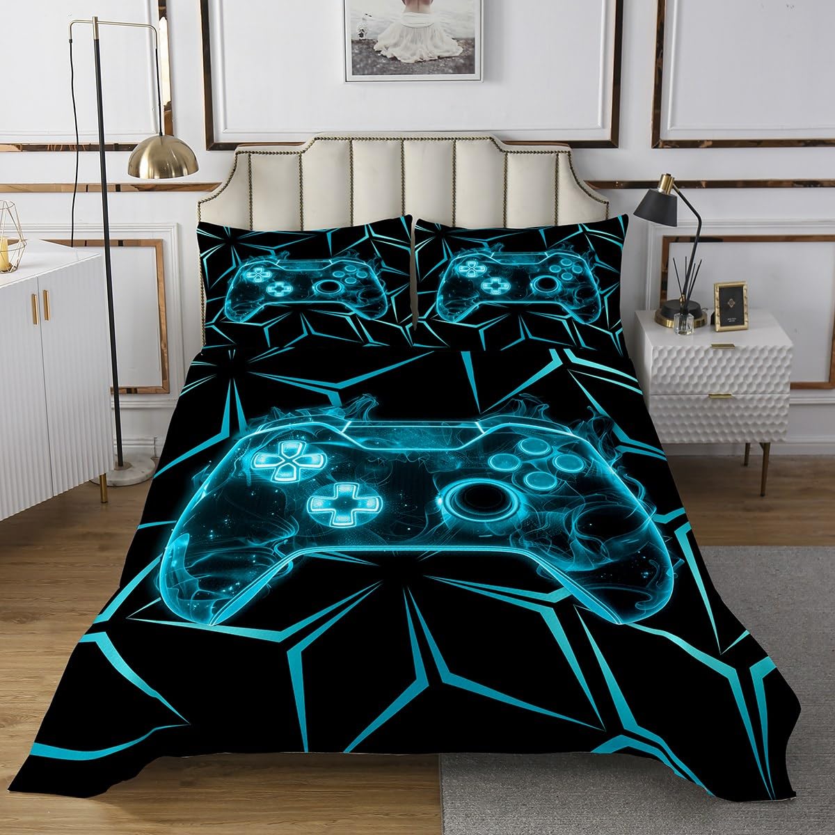 Teal Game Console Quilt Set for Teens,Geometric Diamond Modern Gamepad Print Bedspread Coverlet,Neon Video Games Bedding Set Decorative Quilted 2 Piece Coverlet Set with 1 Pillow Sham,Twin Size