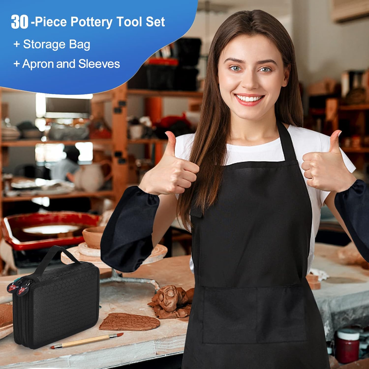 YZNLife Set of 30 Clay Sculpting Tool Wooden Handle Pottery Carving Tool Kit with Carring Bag,Apron and Sleeves for Pottery Modeling, Smoothing, Carving & Ceramics