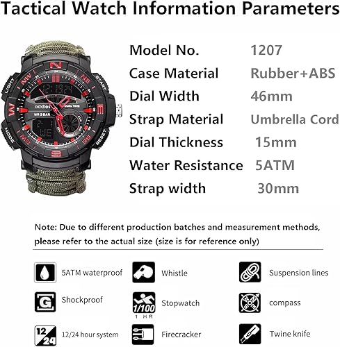 Miniatura 6 de Reloj táctico de supervivencia 23 en 1 para hombre, multifuncional, resistente al agua, para exteriores, pulsera ajustable con brújula de paracaídas