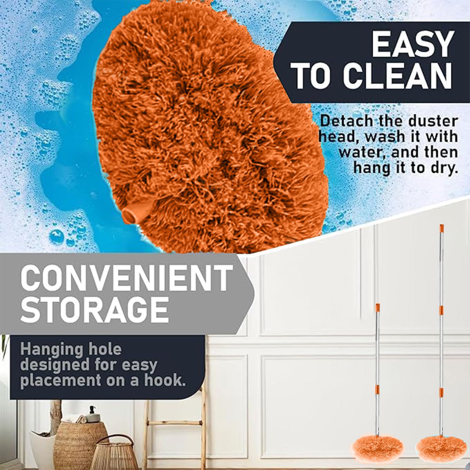 Maxoshine Fan Cleaner Brush with Long Rod Flexible Fan Cleaning Mop Microfiber Dust Cleaner Foldable Duster Microfiber Duster for Cleaning of Home, Kitchen, Car (Orange+Yellow) 3