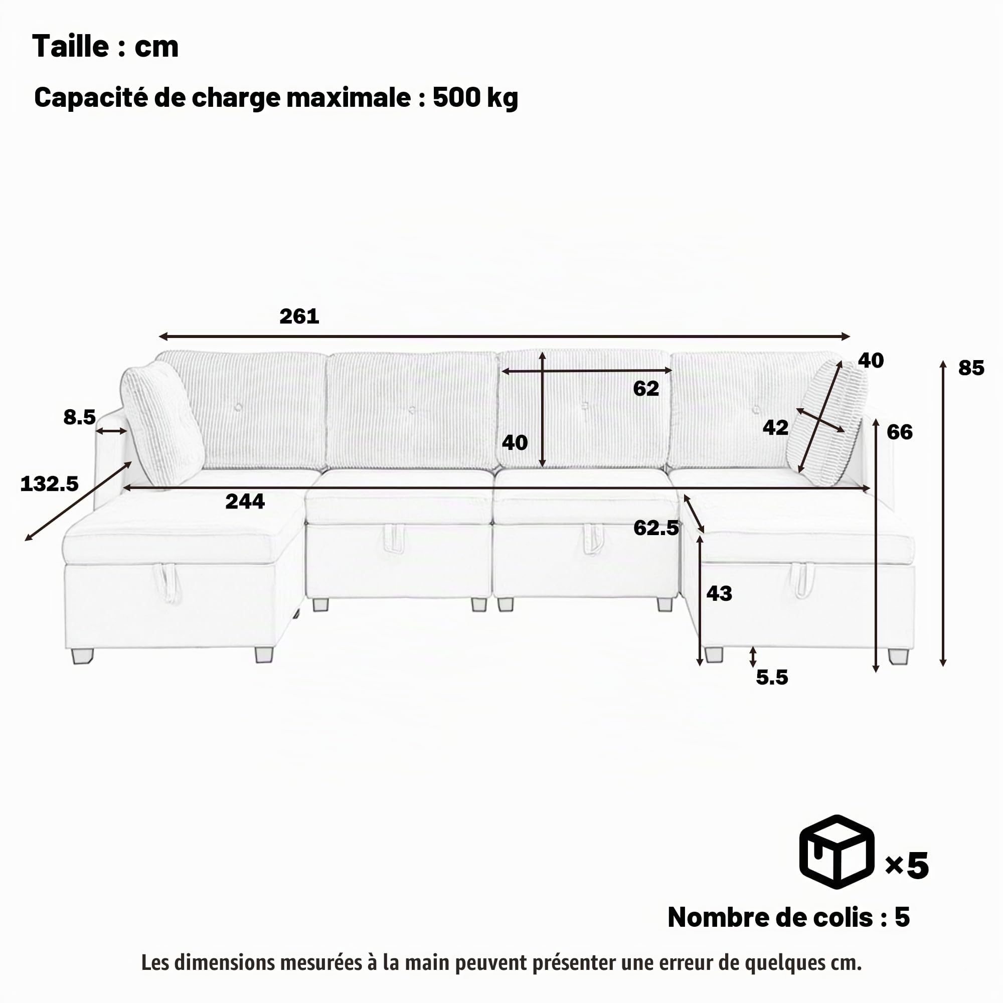 Canapé Modulaire 6 Places avec Rangement, Multifonctionnel Convertible en Canapé U/L, Lit d'Appoint et Fauteuil, Assise Haute Densité, Velours Contrasté avec Tissu Côtelé