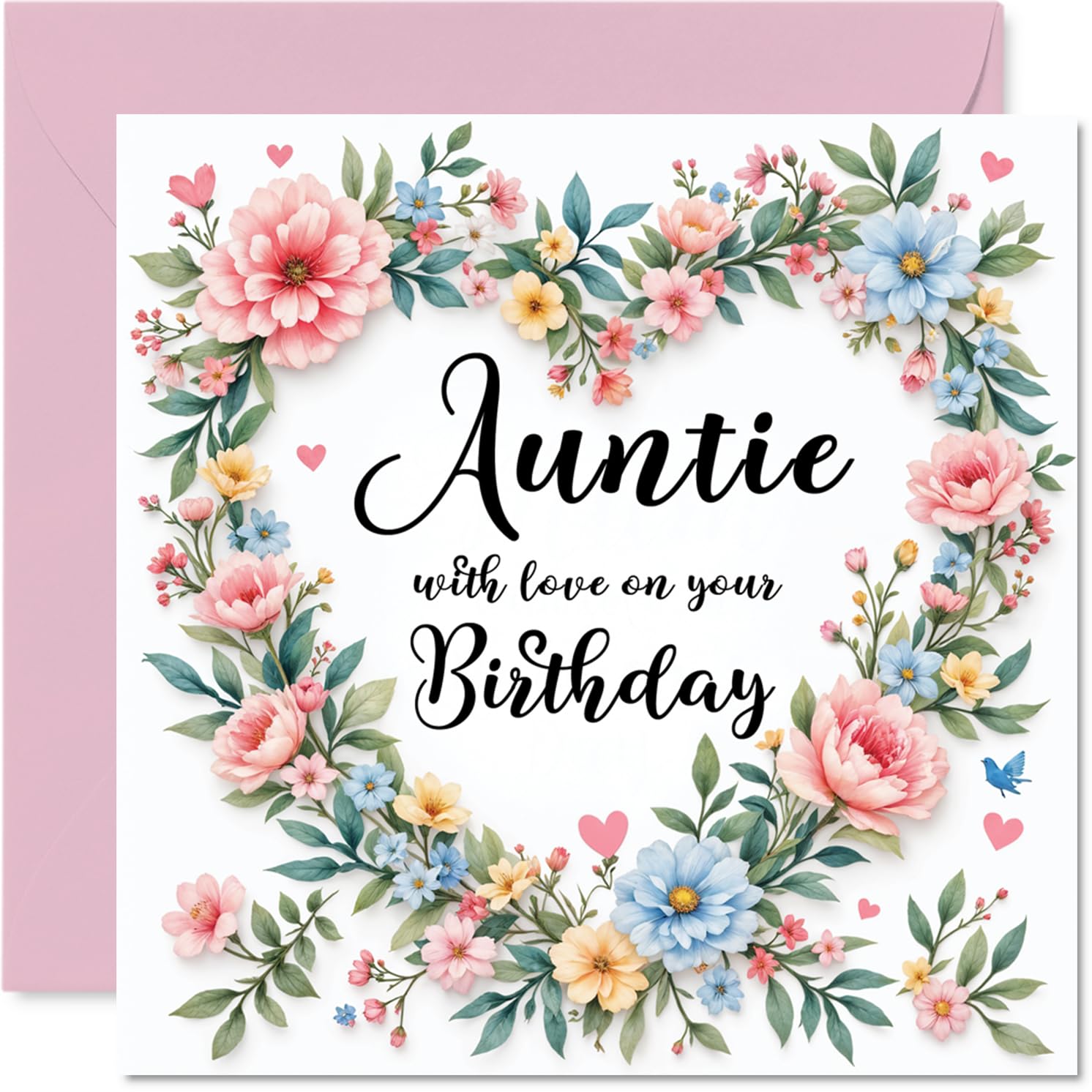 Auntie Birthday Card - Flower Heart Wreath - Happy Birthday Card for Auntie from Nephew Niece, 145mm Flower Heart Wreath Bday Greeting Cards