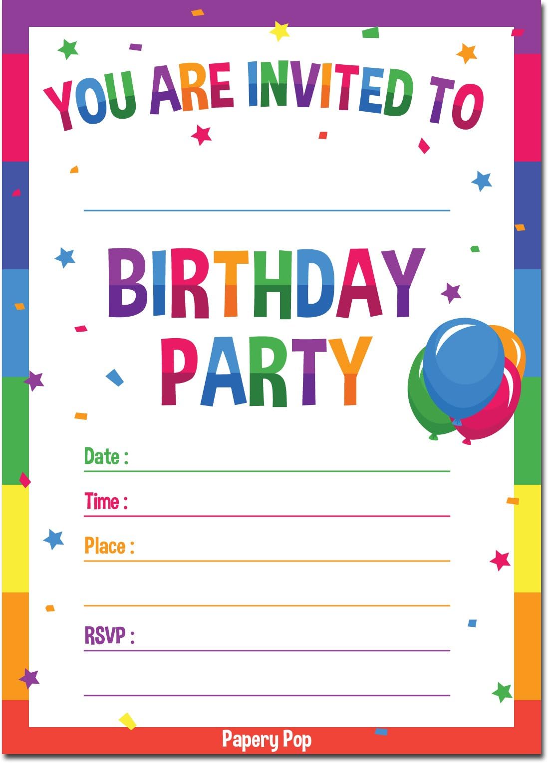 Papery Pop 30 Birthday Invitations with Envelopes (30 Pack) - Kids Birthday Party Invitations for Boys or Girls - Rainbow