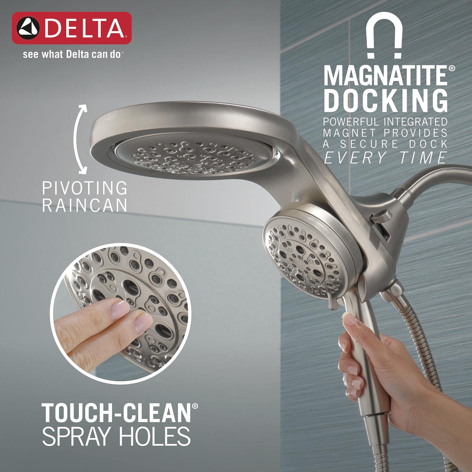 Delta Faucet HydroRain 58680-SS-PR25 Cabezal de ducha doble H2Okinetic de 5 pulverizaciones con rociador de mano y manguera, níquel cepillado, caudal de 9,5 l/min, acero inoxidable Lumicoat