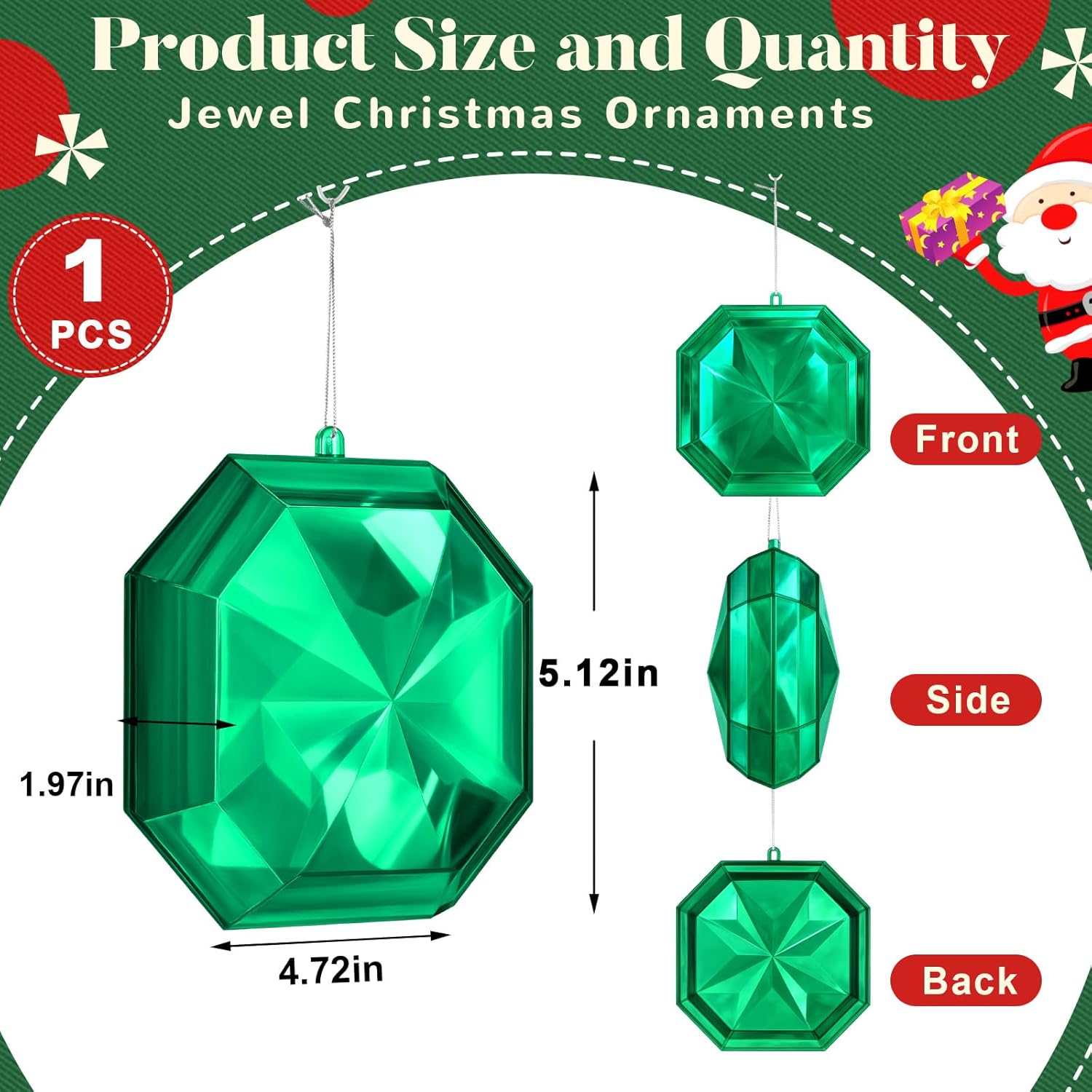 Syhood 5.1 Inch Jewel Ornament Square Jewel Ornaments for Christmas Tree Acrylic Large Christmas Gem Decorations for Xmas Wedding Holiday Party Decor(Green) - Image 2