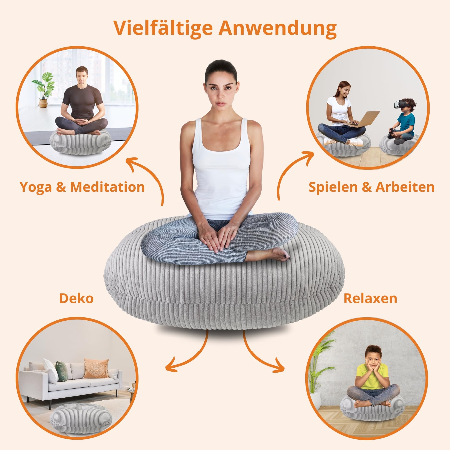 sleepling Meditationskissen, Kord Bodenkissen Groß, Yoga Kissen, Sitzkissen Boden, Yogakissen Rund 105 cm, Sitzhöhe 25 cm Oeko-TEX, Made in EU, hochwertiger Möbelstoff, grau