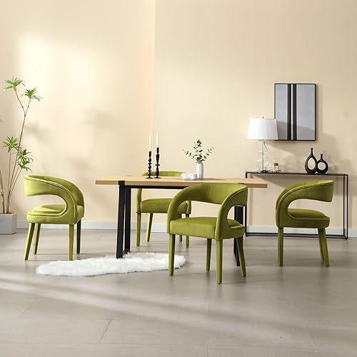 Miniatura 3 de ROCITY Green Modern - Juego de 2 sillas de comedor modernas de terciopelo, sillas de comedor tapizadas con respaldo abierto y brazos, cómodas sillas
