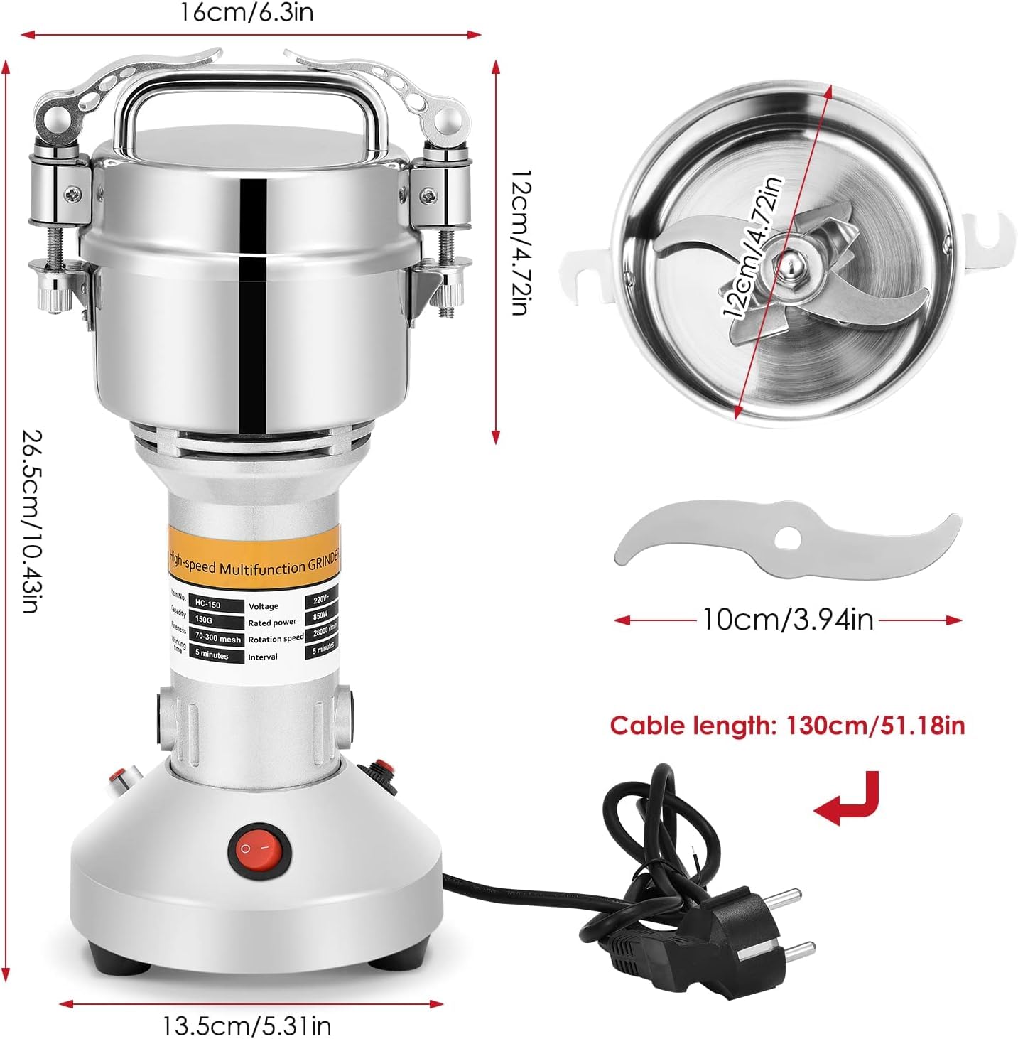 VAYOTOY Macina Cereali Elettrico 150g - 850W, Acciaio Inox, 28000 RPM, Per Grano, Spezie, Erbe