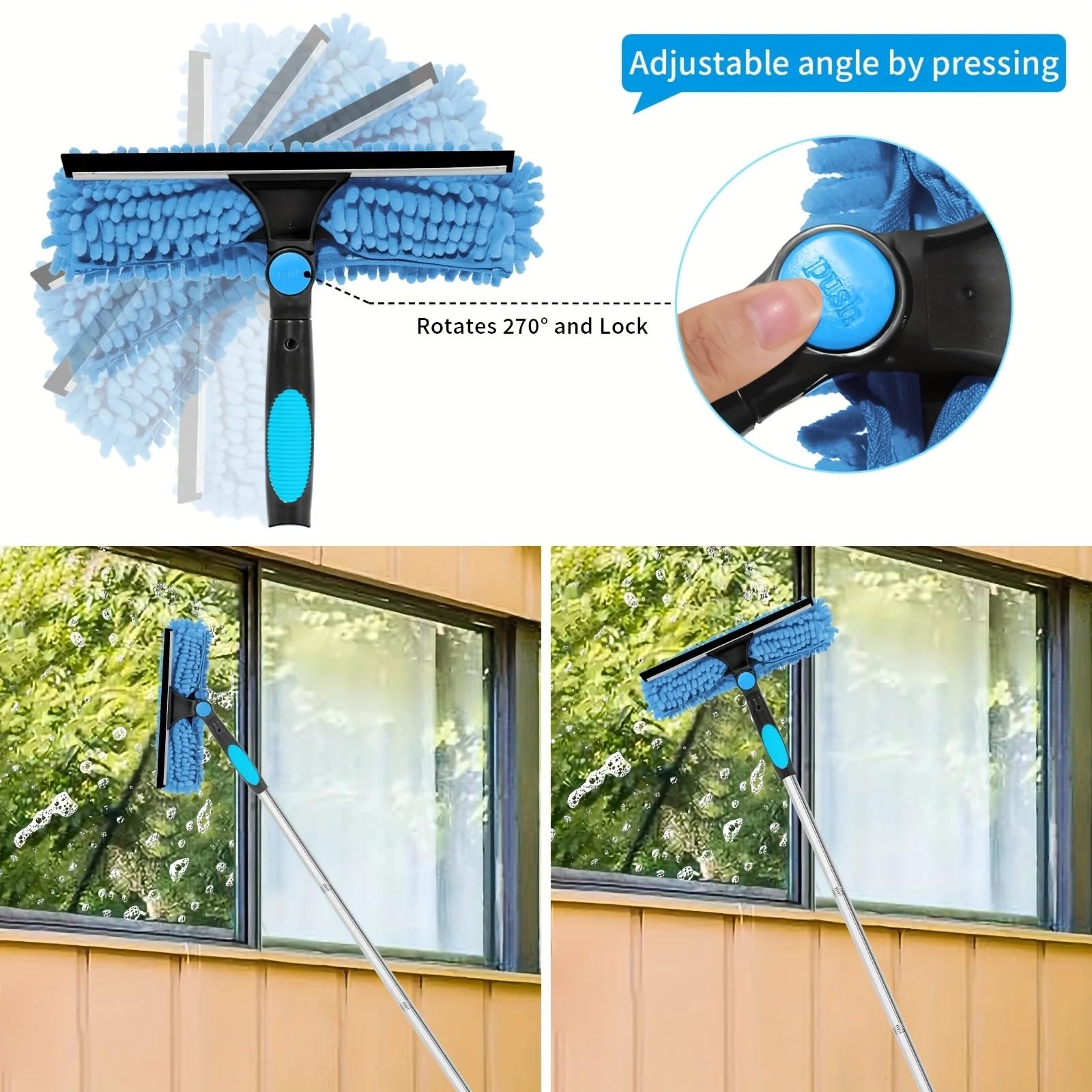 Glasreinigungsbürste Mit Ausziehbarem Griff, Multifunktionaler Fensterreiniger Mit Wiederverwendbarem Tuchabzieher, Praktische Haushaltsreinigung(Blue)