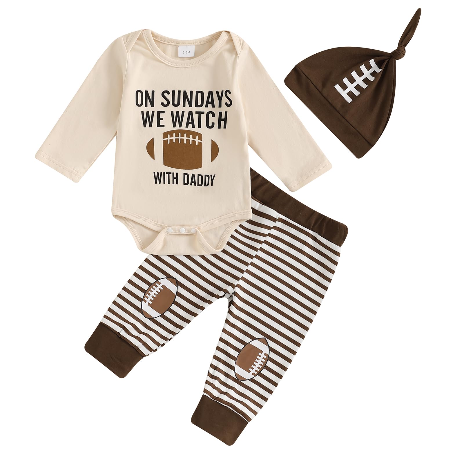 Muasaaluxi Newborn Baby Boy Football Outfit On Sundays We Watch Football with Daddy Romper Stripe Long Pants Hat Set (Khaki, 6-12 Months)