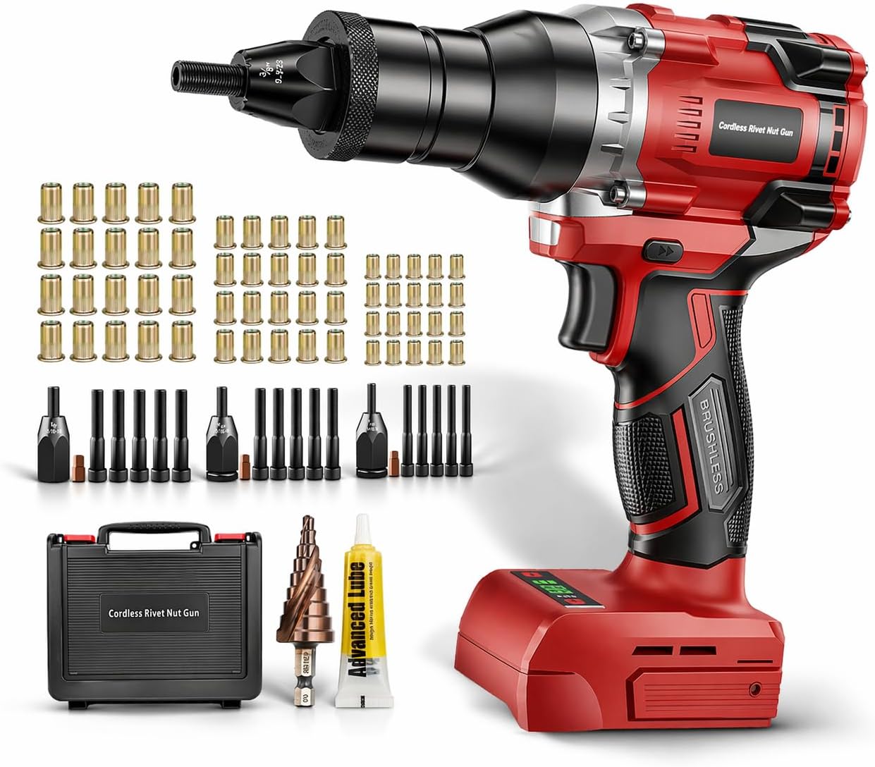 Electric Rivet Nut Tool Kit for Milwaukee 18V Battery(Not Included Battery), Rivet Nut Gun with 1/4", 5/16", 3/8" Head, Rivnut Gun with Auto Mode & Memory Function, for Metal Fabrication & Car Repair