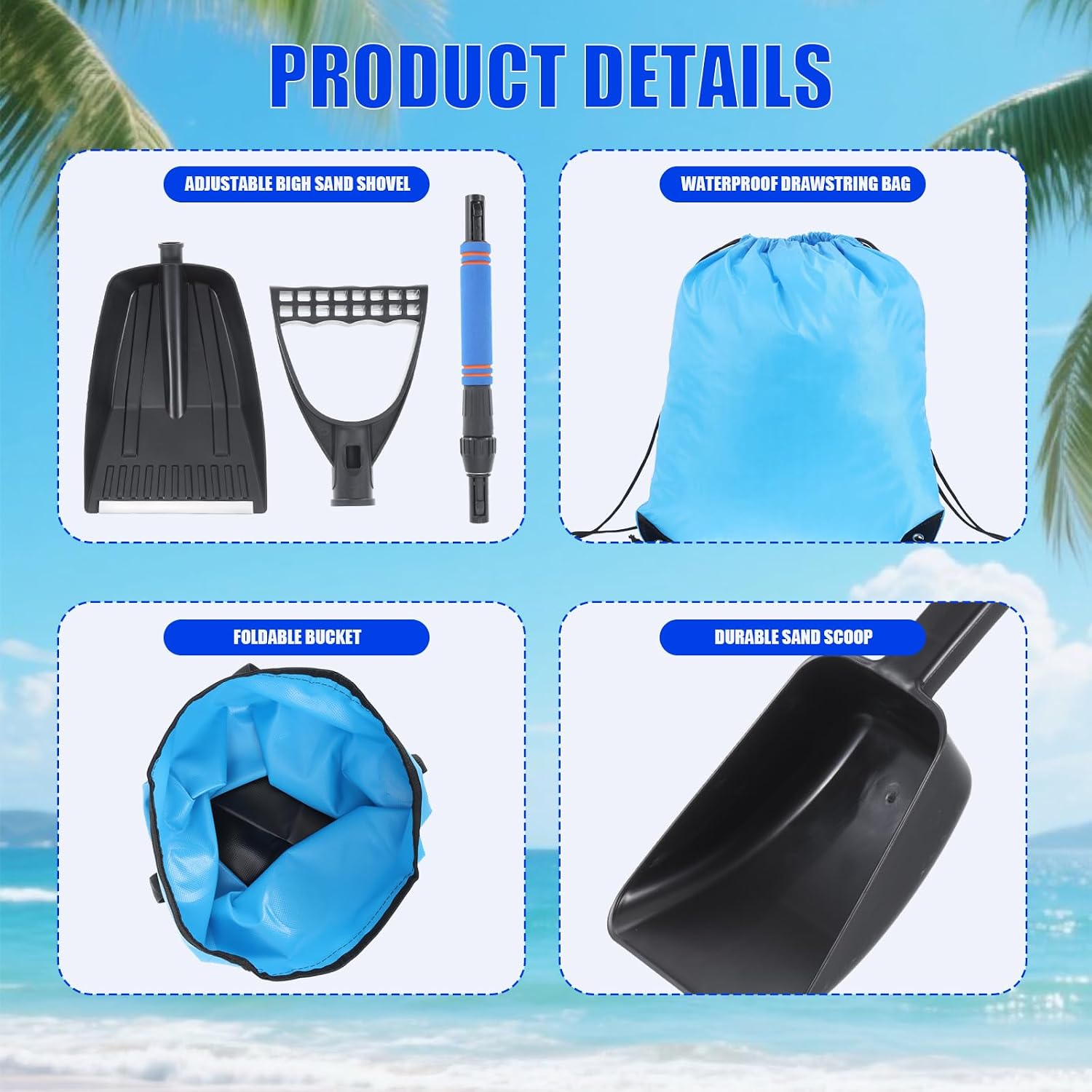 4 Pcs Beach Sand Castle Buliding Kit with Collapsible Aluminum Sand Shovel, 20 L Foldable Bucket, Large Scoop and Drawstring Bag for Adults Summer Build Sandcastles image 5