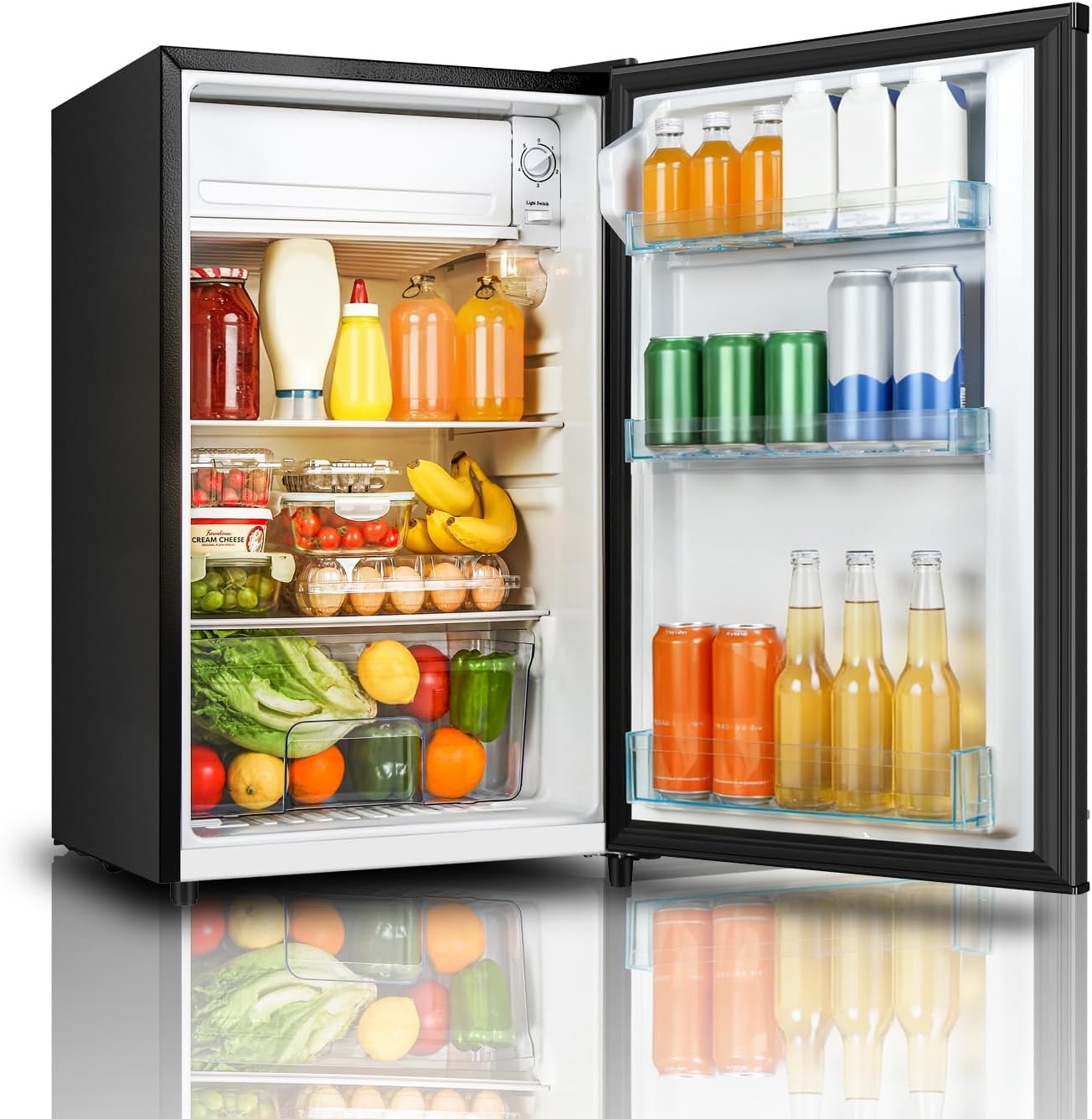 Seaoola Mini Fridge with Freezer, Single Door 4.4 Cu.Ft, Compact Mini Refrigerator, LED Light, Adjustable Thermostat, Removable Glass Shelves, Small Refrigerator for Dorm/Office/Bedroom(Black)