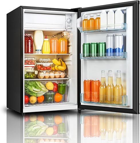 Miniatura 7 de Mini refrigerador con congelador, puerta única de 3.1 pies cúbicos, mini refrigerador compacto, luz LED, termostato ajustable, estantes de vidrio