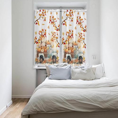 Miniatura 4 de Cortinas de cocina de Acción de Gracias de 45 pulgadas de largo, cortinas de ventana con bolsillo para cortinero de calabaza, camión, ramas de