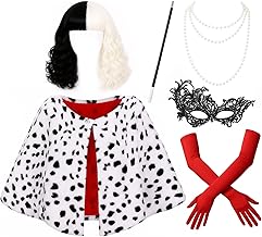 WERFORU Women's Cruella Deville Costume Dalmatian Shawl Scarf Black and White Wig Cosplay Outfit for Halloween