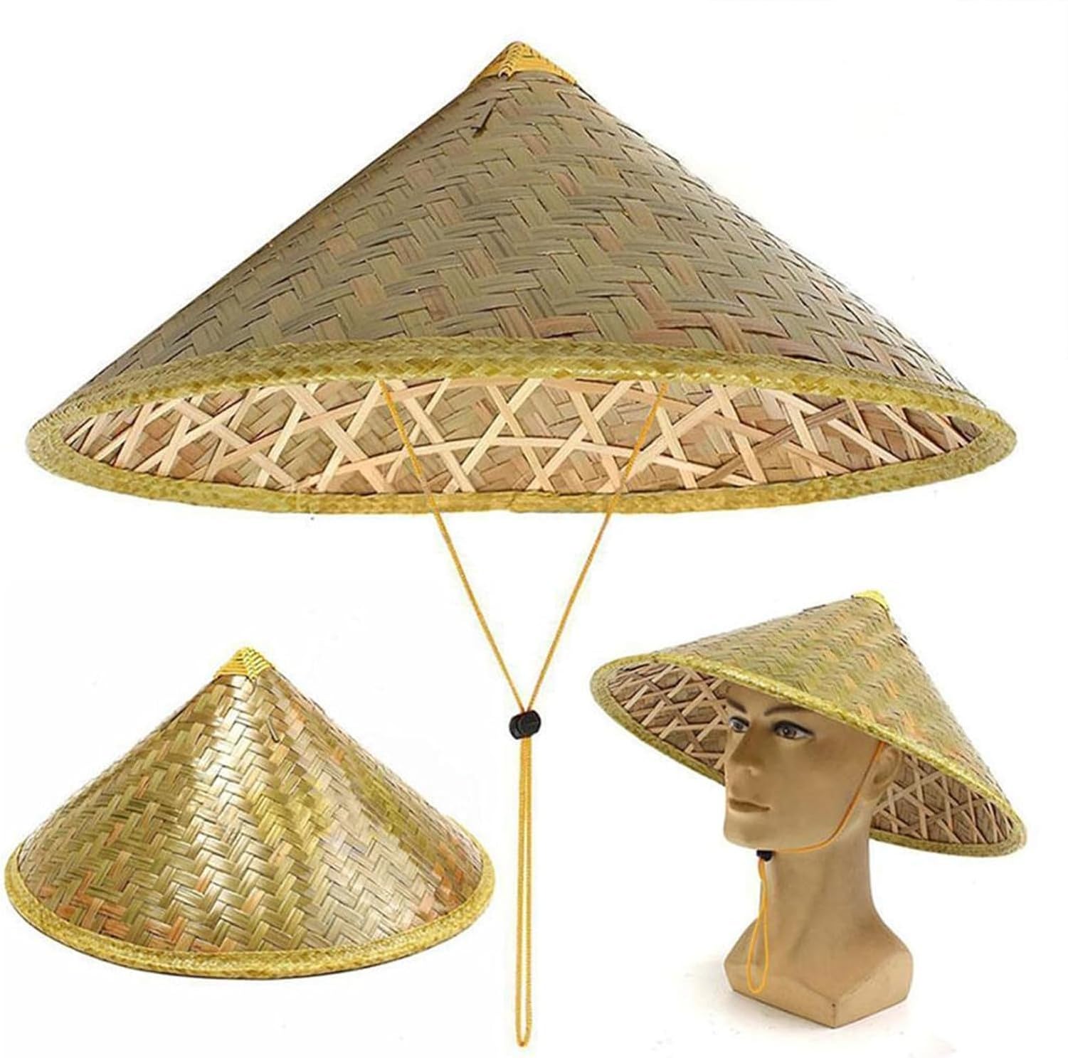 Sombrero Cónico Paja Unisex Adulto Tradicional Chino Oriental para Hombre Mujer Gorra Campesina Sol Protección UV, Diámetro 46cm