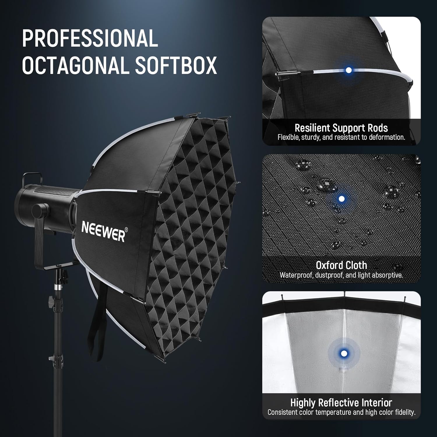 NEEWER 25.6'' Octagonal Softbox, Quick Release Parabolic Soft Box with Bowens Mount, Diffusers, Grid, Bag Compatible with Aputure 120d Compatible with Godox SL60w NEEWER Q4 AS600B CB300B Q300, NS65P
