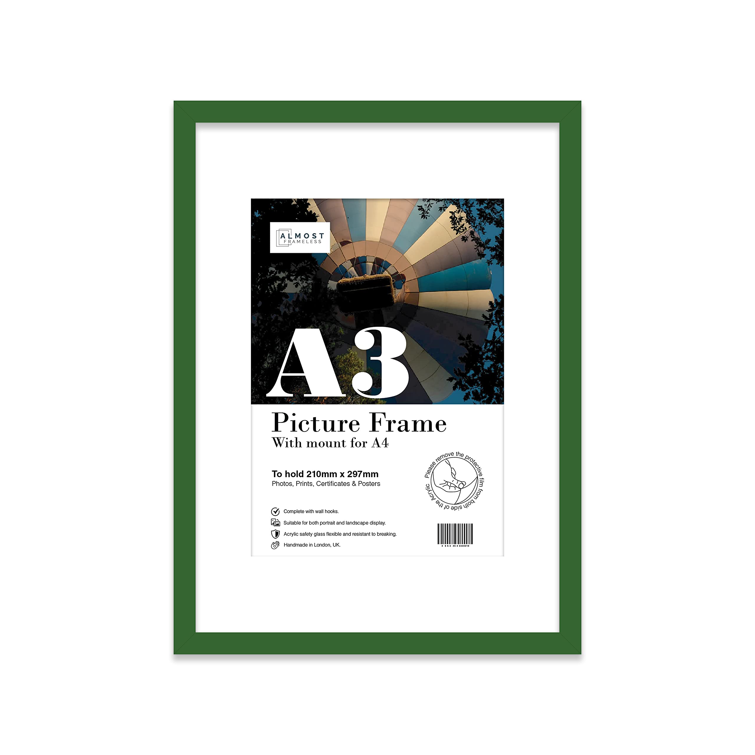 Almost Frameless A3 Green Picture Frame With White Mount for A4 (21 x 29.7cm -8.3 x 11.7in) Print, Photo, or Poster. Portrait and Horizontal Wall Hooks