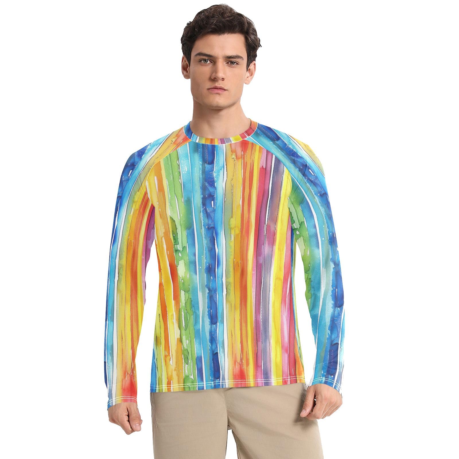 Watercolor Stripes Sun Shirt UPF 50+ Sun Protection Quick Dry Men's Rash Guard Long Sleeve Workout Shirts, XX-Large