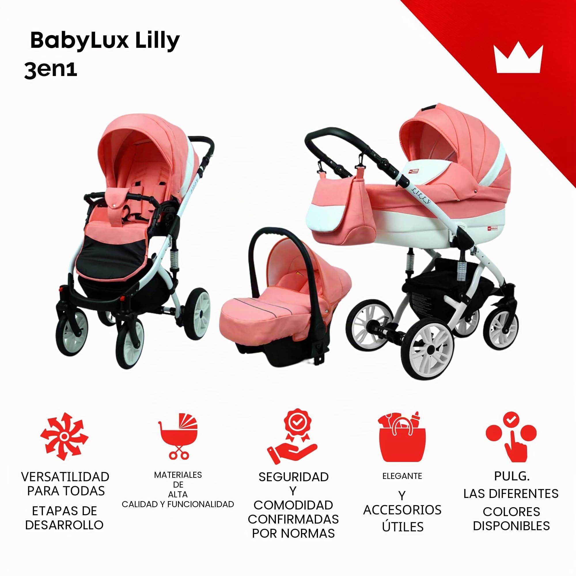 BabyLux® Carrito de Bebé Sistema de Viaje Set 3 en 1 - Lilly - incl. Capazo, Silla de Paseo, Silla Coche - Cochecito - con Bolso cambiador, Cubierta para la lluvia, Mosquitera etc.