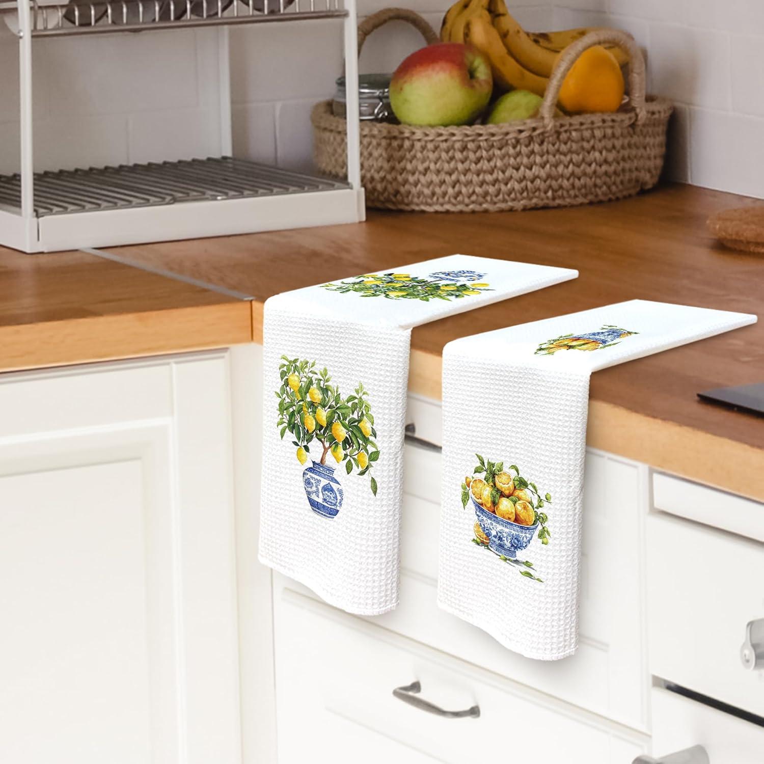 Chinoiserie Decor Kitchen Towels Lemon Chinoiserie Dish Towel 16x24 Inches, Blue and White Chinese Vase Decorative Absorbent Dishcloths Tea Towels Set of 2 for Kitchen Bar Cart Decor - Image 2