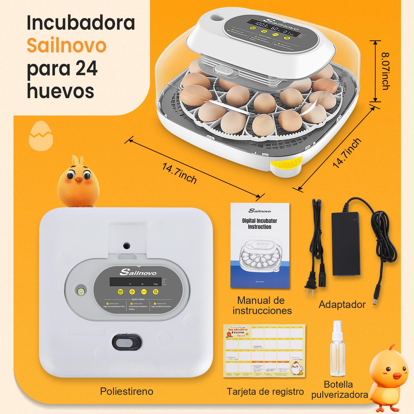 Sailnovo Incubadora para 24 Huevos con 4 Modos, Incubadora de Huevos con Volteo Automático y Monitor de Humedad, Lámpara de Huevo, Incubadora Huevos Gallina Vista 360° Ventana Transparente, Gris