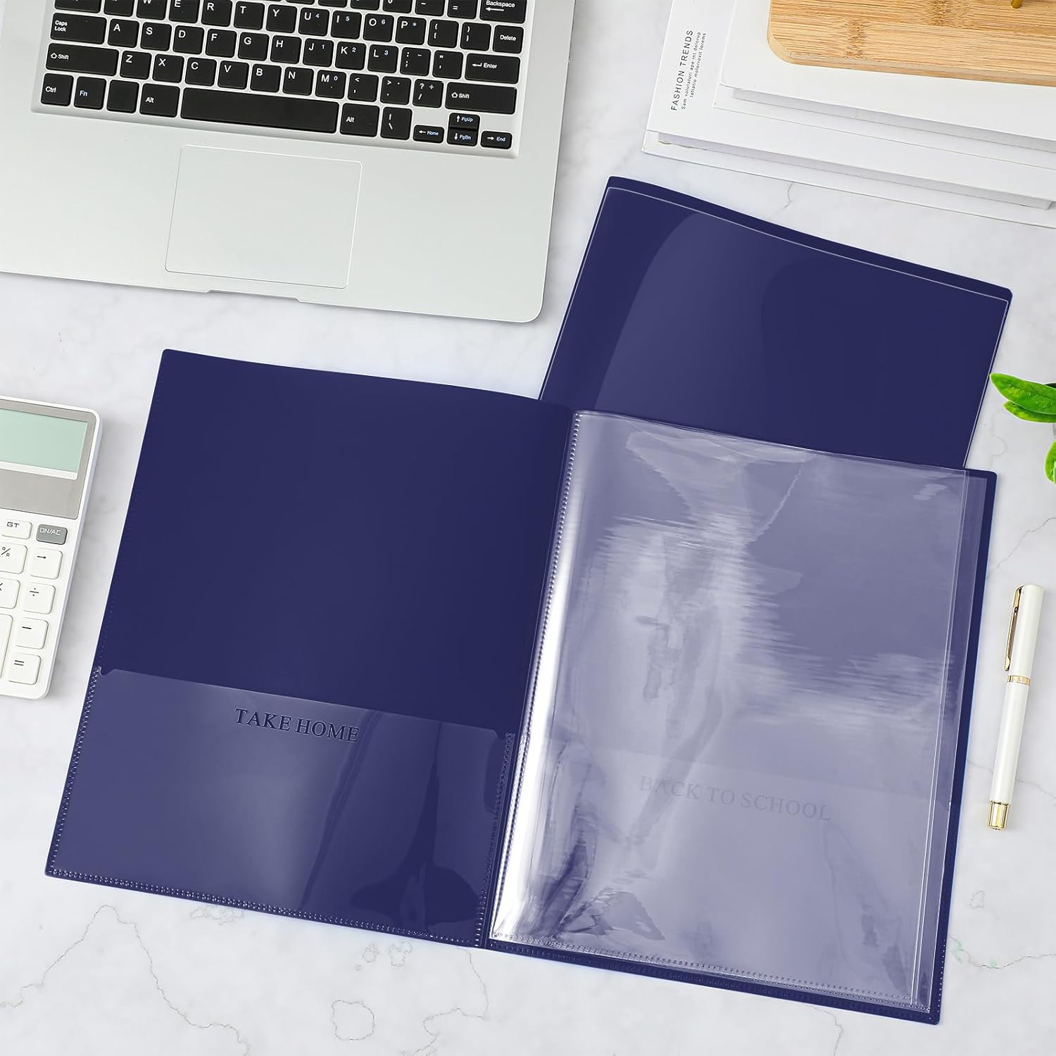 Henoyso 48 Pcs Navy Blue School and Home 2 Pocket Folders with 4 Clear Inner Pockets Plastic Heavy Duty Homework Folders Parent Teacher Communication for Student Home Office Classroom,11 x 9 Inch