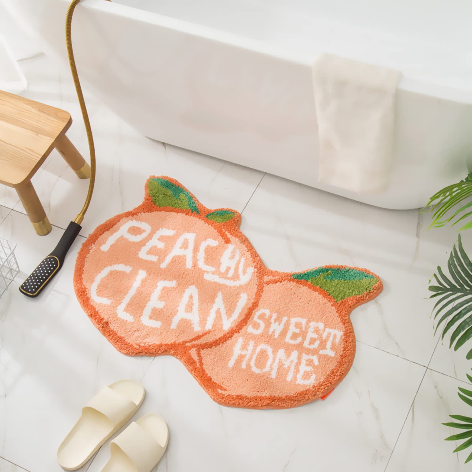 Ukeler Non Slip Bath Rug for Kids Coral Pink Peach Shape Bathroom Decor Absorbent Shaggy Bath Mat Non Skid Doormats for Kids Bedroom Washable Small Toilet Rug 31.5''x19.7''