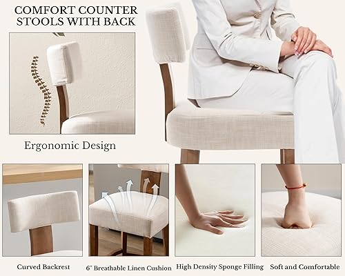 Miniatura 4 de Juego de 2 taburetes de bar de granja de 26 pulgadas, taburetes de bar tapizados de lino con respaldo, taburetes de bar modernos de madera con marco