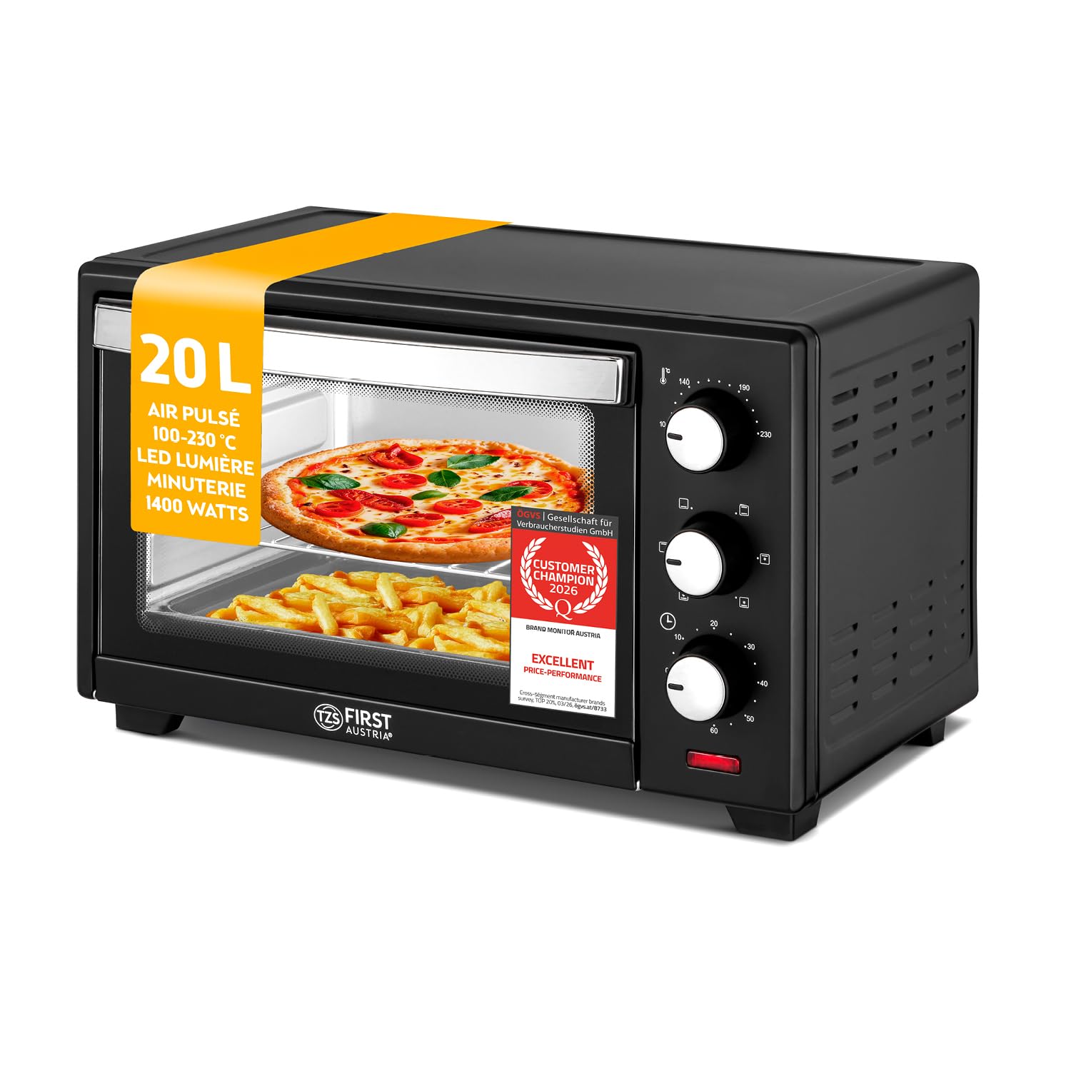 TZS First Austria - Mini Four 20L 1380W - Four avec réglage de la température jusqu'à 230°C - Avec minuteur de 60 min, 3 hauteurs d'insertion, plaque et grille - Pour petites cuisines et camping