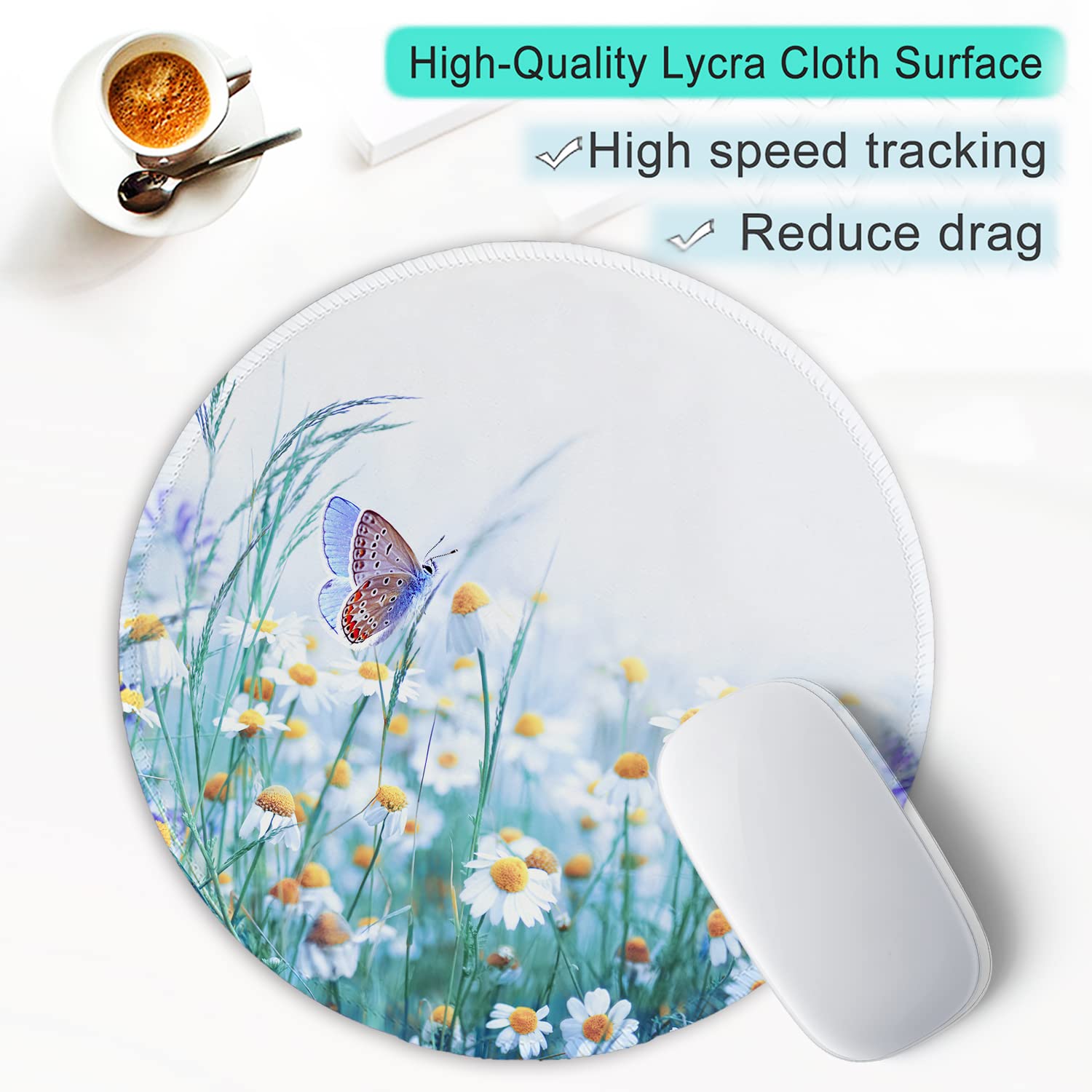 ITNRSIIET Tapis de Souris avec Bord Cousu, Tapis de Souris de qualité supérieure, texturé, imperméable, Base en Caoutchouc antidérapant, Accessoires de Bureau,Papillon Chrysanthème - 5