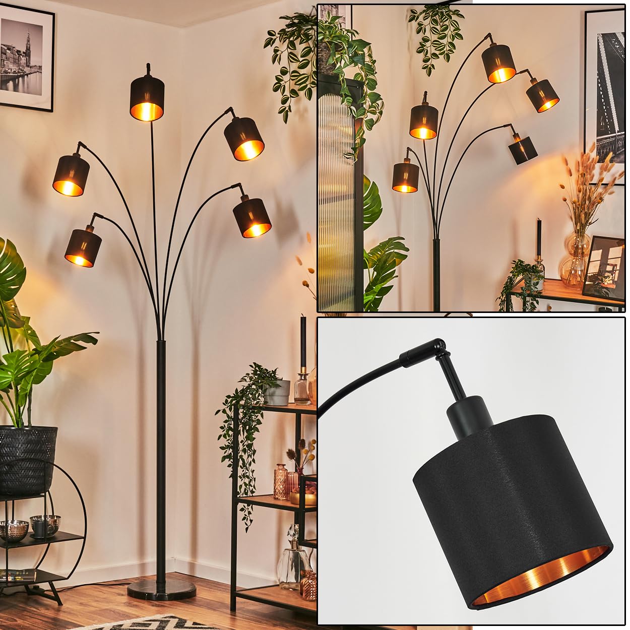 HOFSTEIN Stehleuchte Alsen, moderne Stehlampe mit Marmorfuß aus Metall/Stoff in Schwarz/Kupferfarben, verstellbare Leuchte, Fußschalter, E14, Wohnzimmer, Schlafzimmer, Flur, Büro