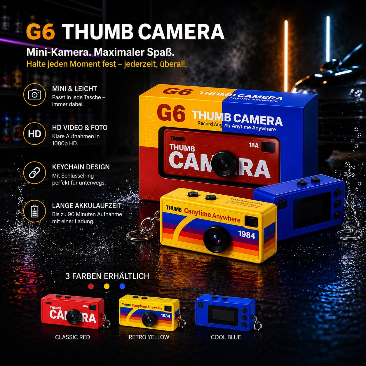 Nano Cam G6 Mini fotocamera in design retrò, portachiavi per fotocamera digitale Thumb (giallo)