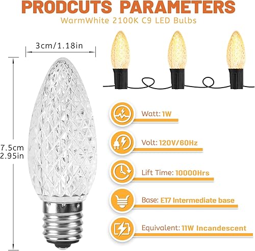 Miniatura 9 de Guirnalda de luces LED multicolor C9 de repuesto para exteriores, equivalente a 1 W, bombilla Edison de 5 W, base E17, 120 V, inastillable,