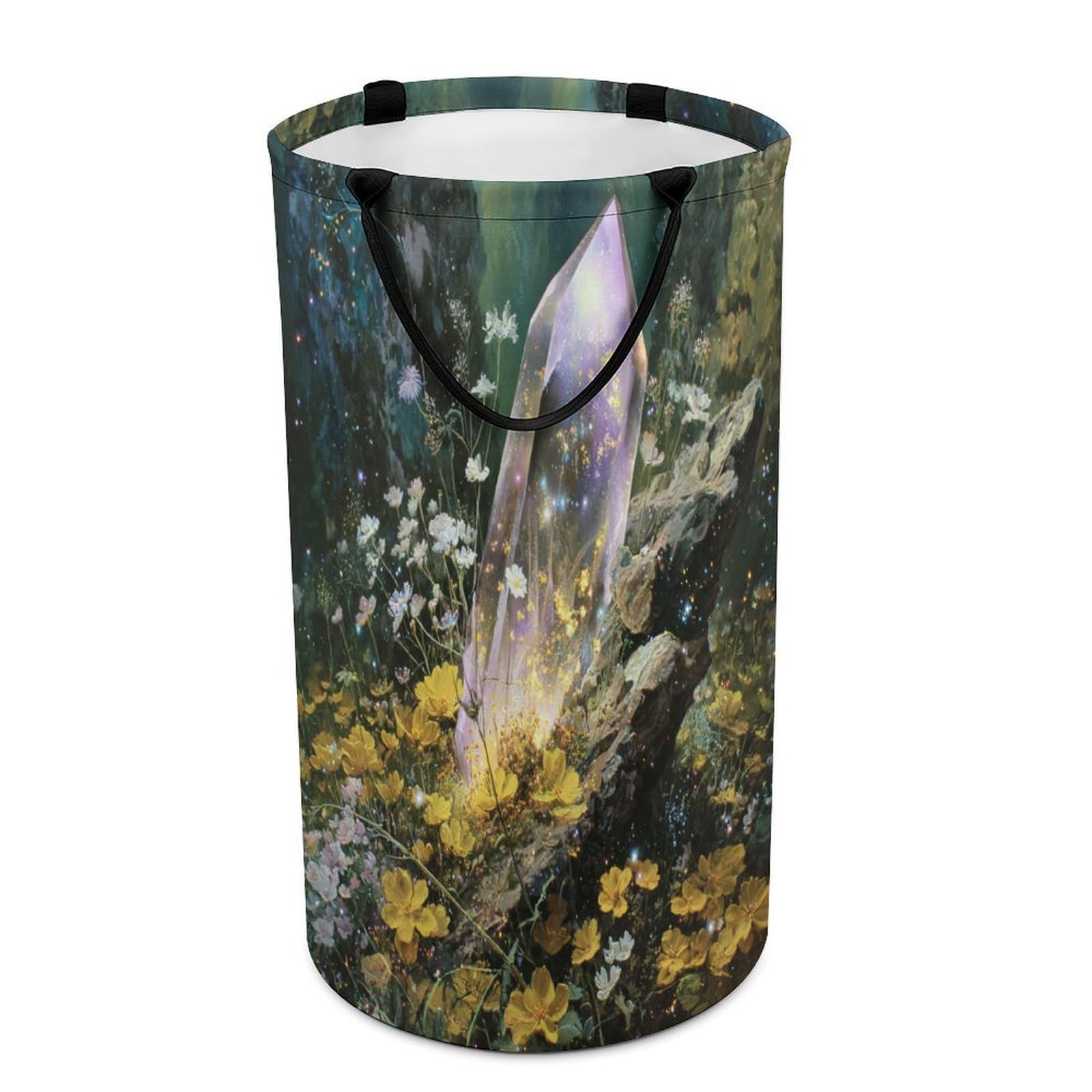 LUYYSKY Fantasy Abstract Fairy Crystal Versatile Storage Laundry Basket, Beautiful Rustic Enchanted Forest Plant Daisies Floral Large Bathroom Laundry Hamper With Handle-40 CM Dia, 69 CM High