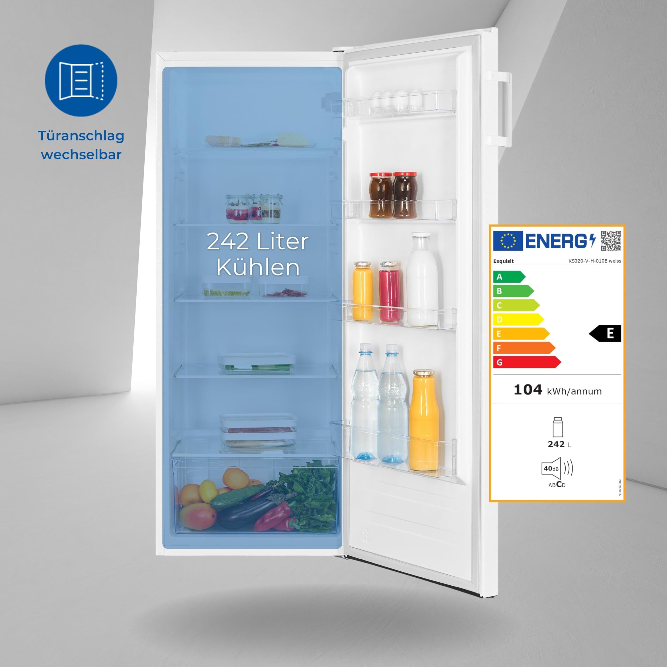 Exquisit Frigorifero a congelatore intero KS320-V-H-010E, bianco | frigorifero senza freezer, capacità 242 l, frigorifero senza congelatore