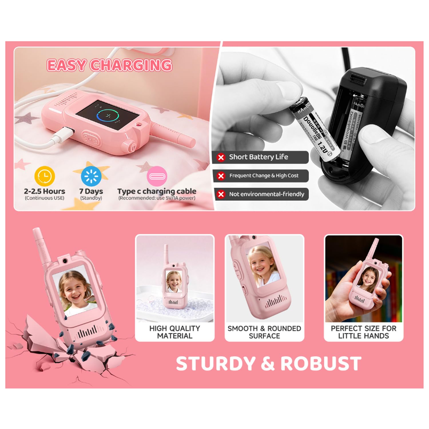 Set di walkie-talkie video per bambini da 2 pezzi Intercomunicazione visiva genitore-figlio Giocattolo interattivo educativo con fotocamera HD e funzione modificazione della voce Ideale giochi in casa