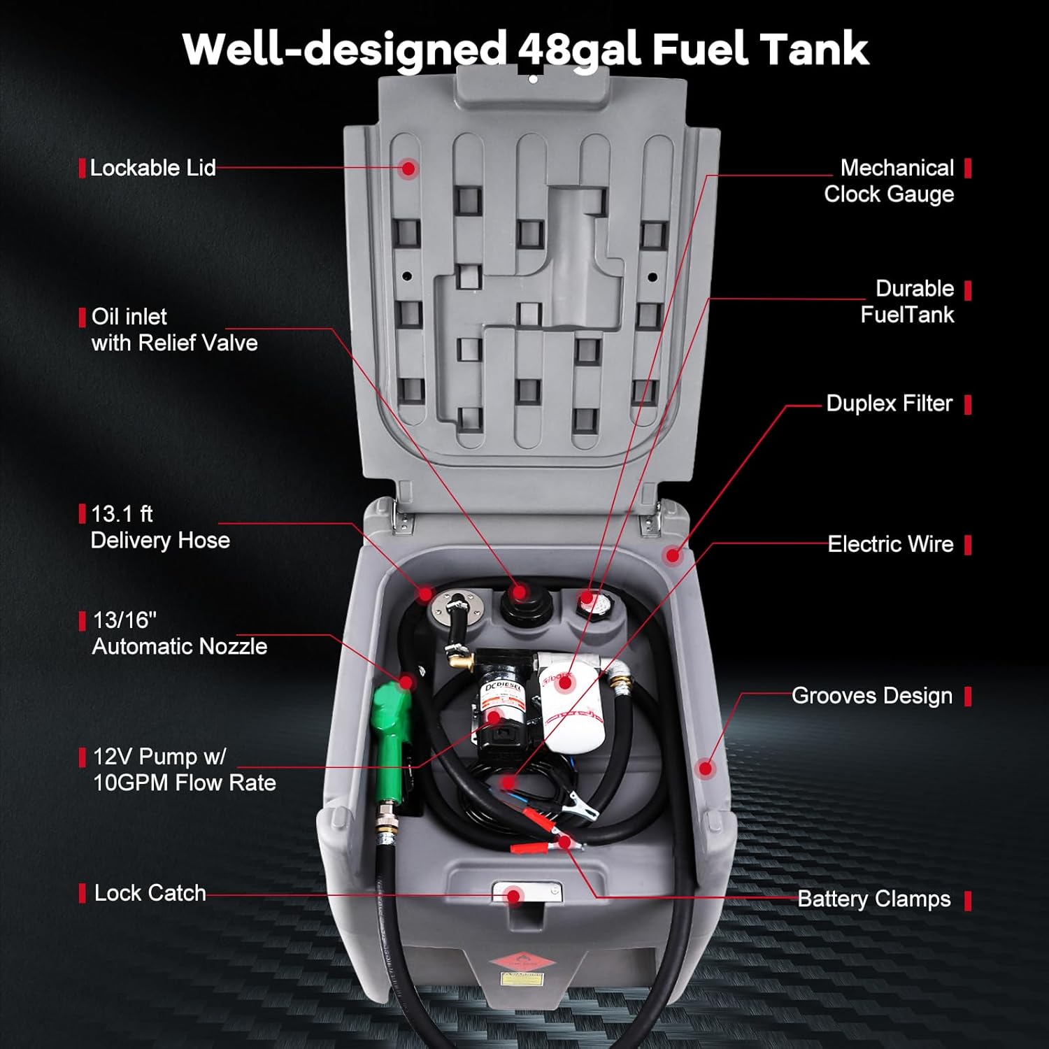 Garvee Portable Fuel Tank, 48 Gallon Diesel & Gasoline Transfer Tank With 12V Electric Pump, 10 GPM Flow Rate, 13.1 ft Hose, Auto Fueling Nozzle , Durable Fuel Transfer Tank for Easy Transportation, Gray