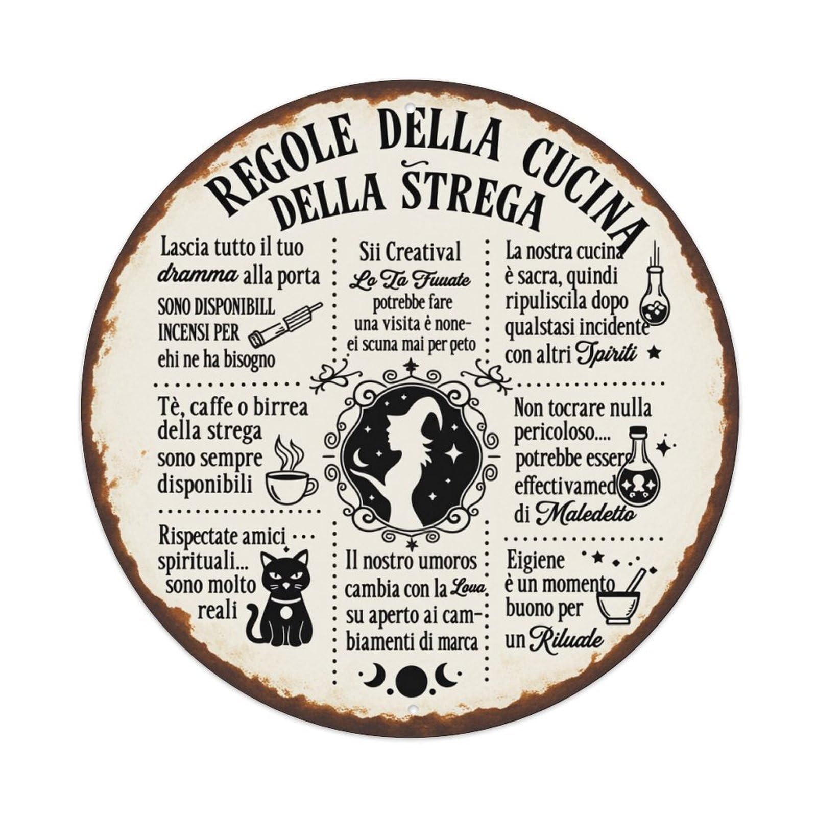 Witch Kitchen Rules Magic Spells Vintage Metal Tin Sign Retro Wall Decor for Home Bar Garage Cafe, Indoor & Outdoor Decorative，circle Metal Poster, 8x8 Inch
