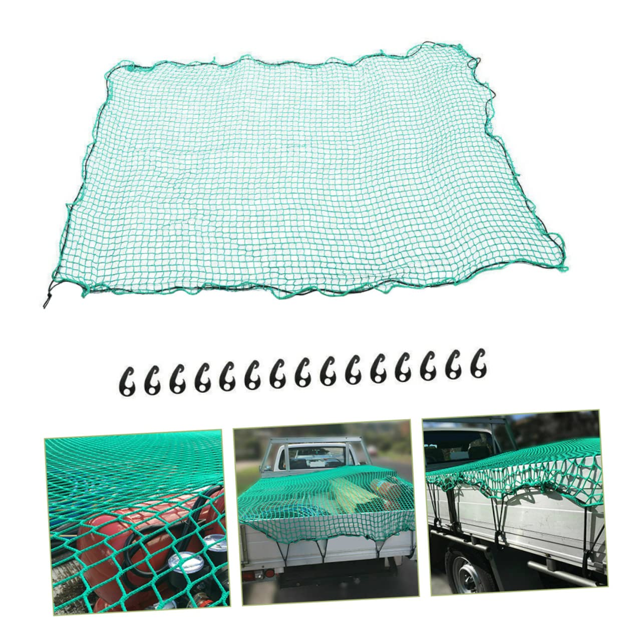 Happyyami Rete di Carico in Nylon Resistente per Cassone Pick-up Verde con 15 Ganci e Corda Elastica, per Campeggio e Trasporto Sicuro di Piccoli Oggetti
