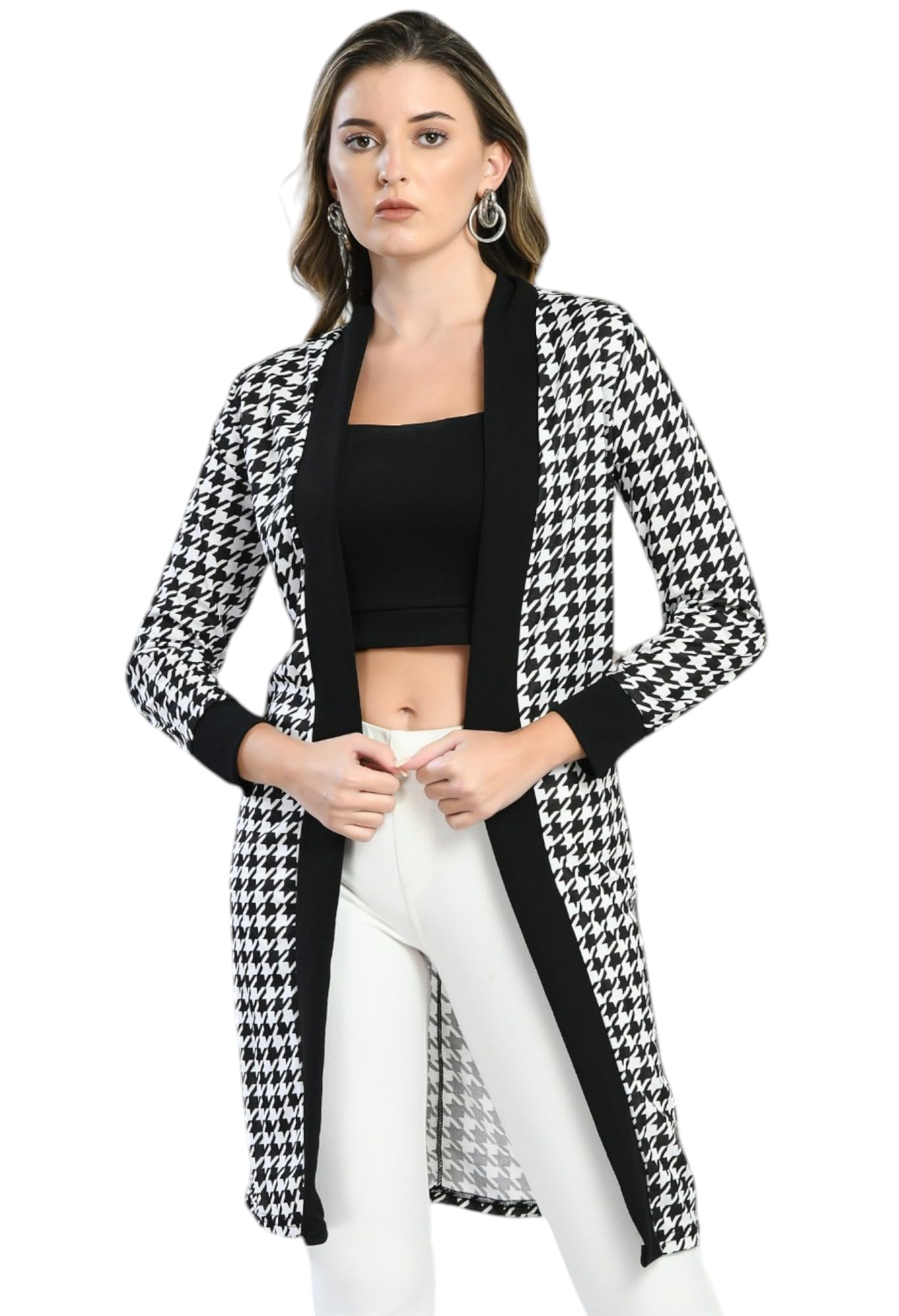 sfoty Women’s Black & White Houndstooth Open Front Long Shrug-picture-38