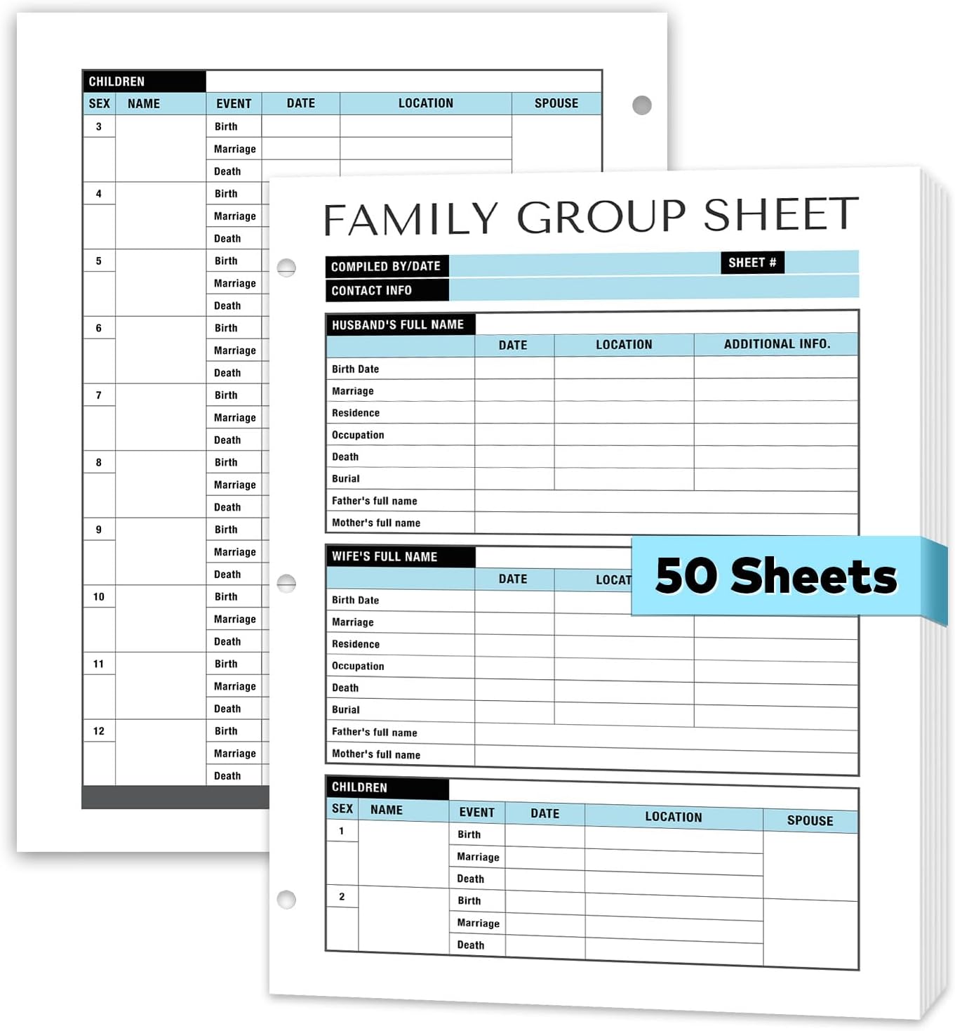 50 Family Group Sheets, Two-Sided Fillable Genealogy Forms & Ancestry Worksheets, 3-Hole Punched for Organization, Clean Blue-White Design for Family History Archives & Research，8.5×11 Inch