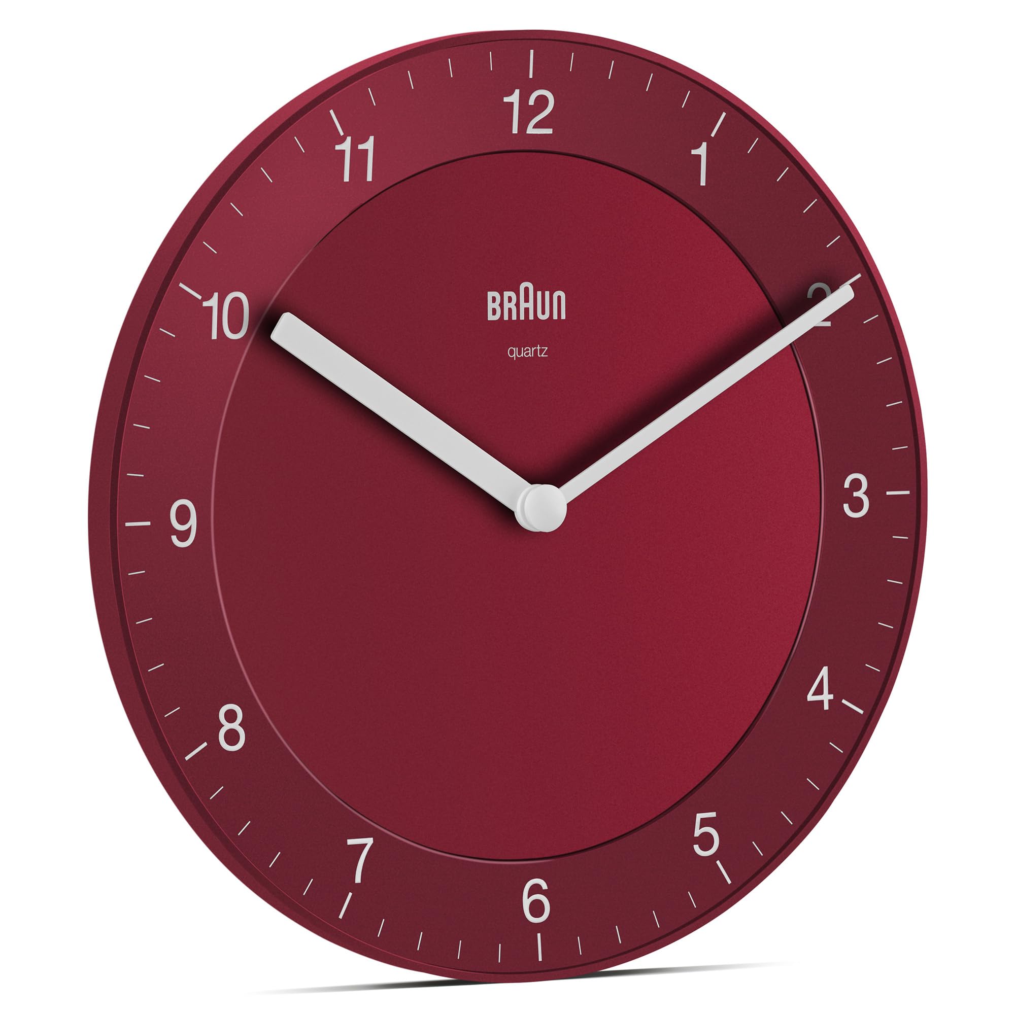 Braun Klassische analoge Wanduhr ruhigem Quarzuhrwerk, leicht lesbarem Zifferblatt mit 20 cm Durchmesser in Rot, Modell BC06R.