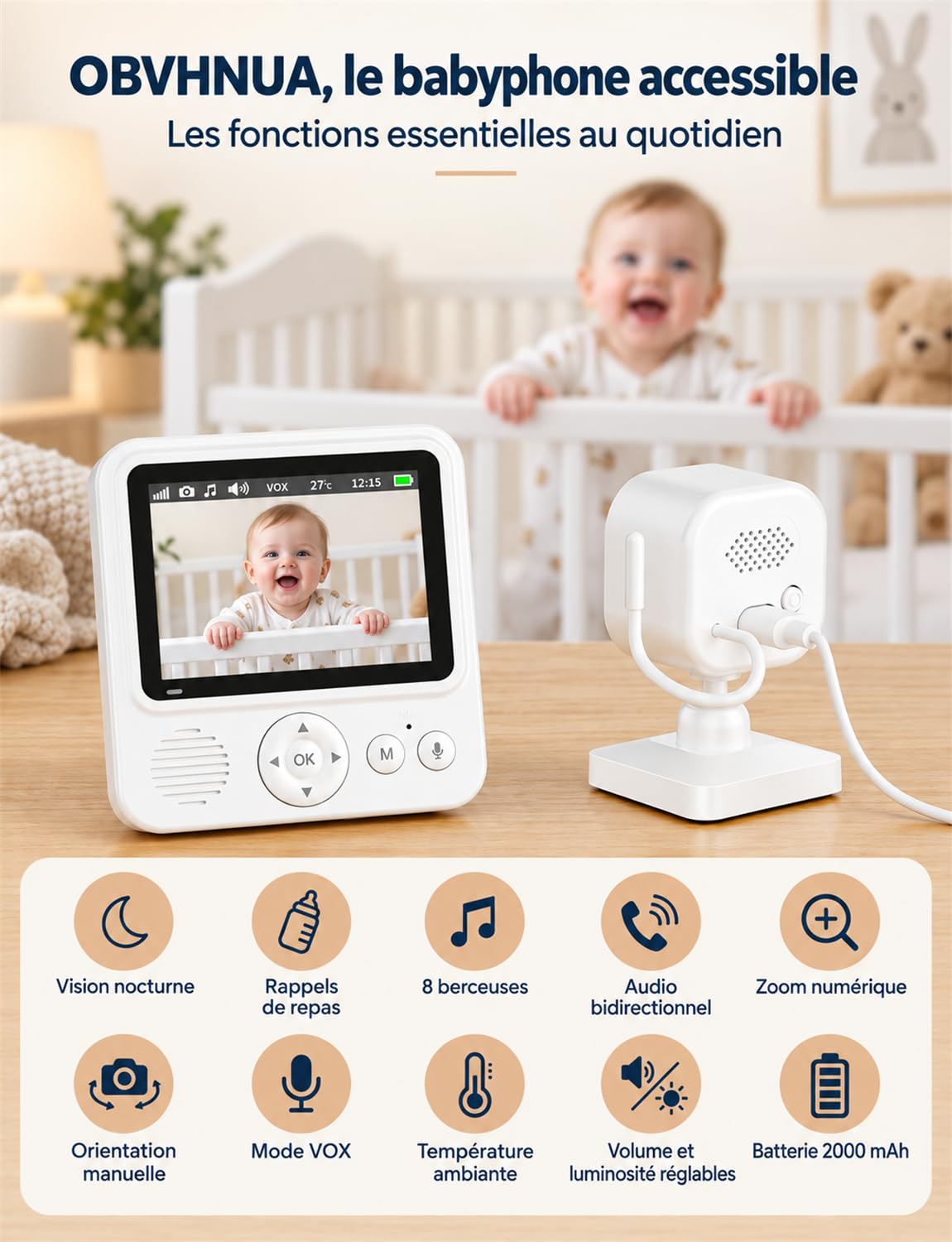 OBVHNUA Babyphone caméra sans WiFi, autonomie VOX Jusqu’à 96 h