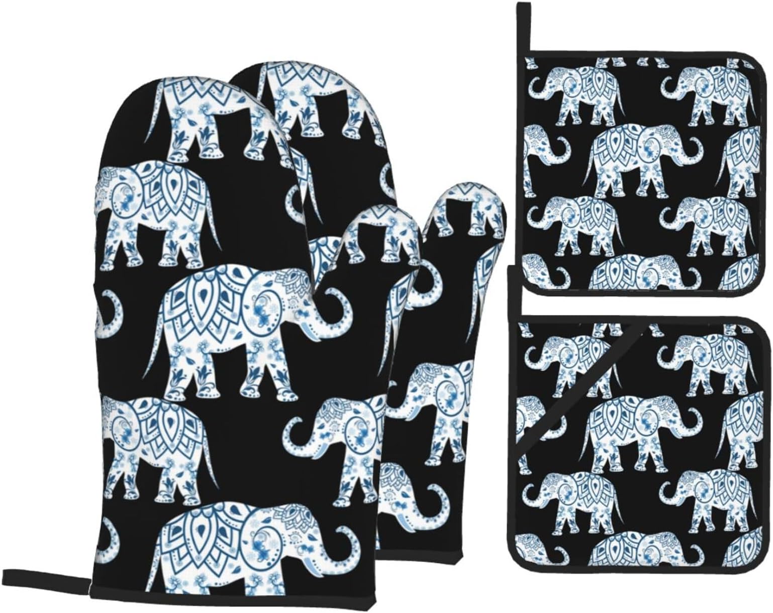 Elephant Printed Oven Mitts And Pot Holders Set Of 4,For Kitchens,Grilling,Cooking,Baking,Bbq