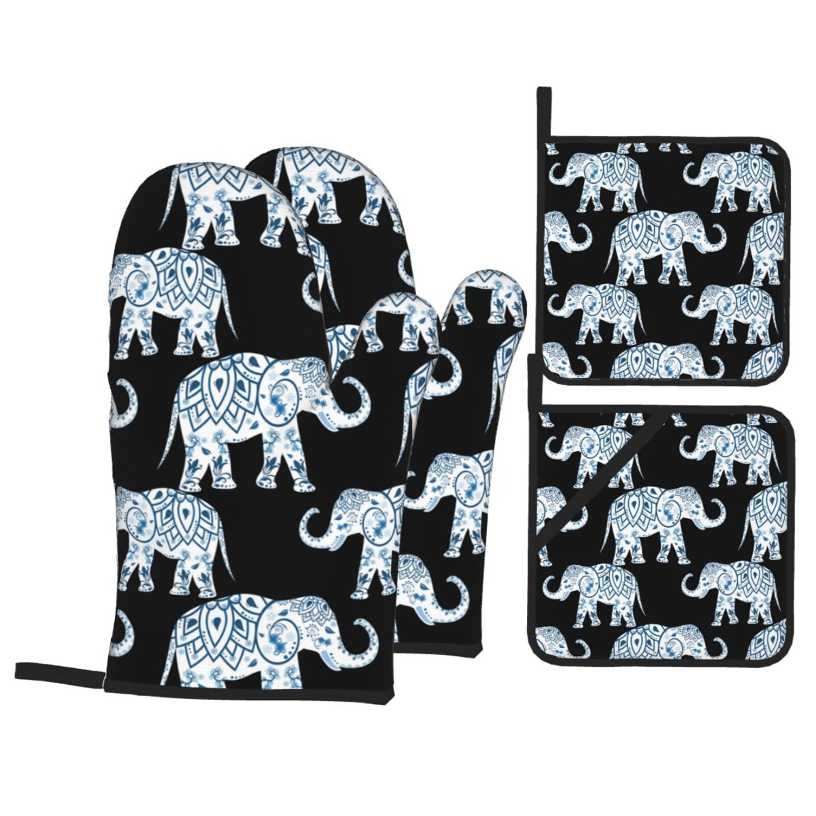 Elephant Printed Oven Mitts And Pot Holders Set Of 4,For Kitchens,Grilling,Cooking,Baking,Bbq